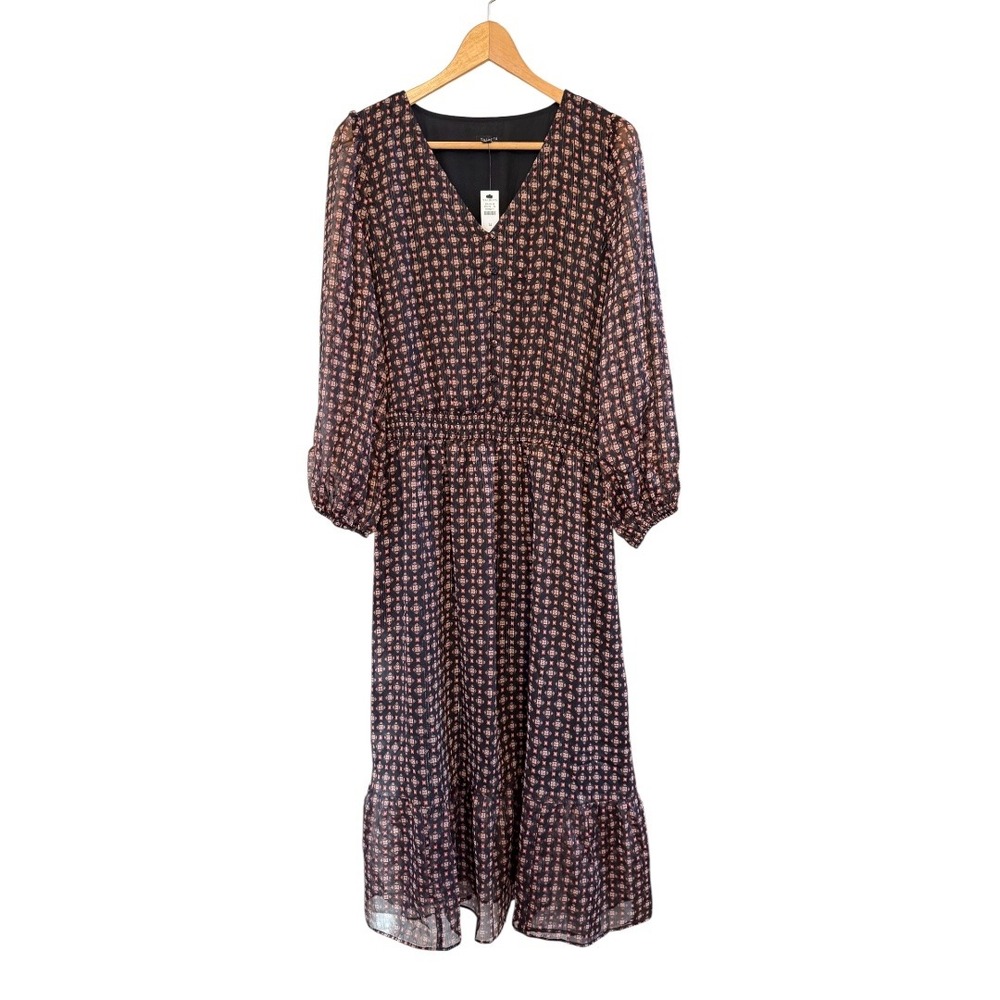 Talbots NWT Black/Brown/Orange/Metallic Geometric Pattern Plus Size 14 LS Dress‎